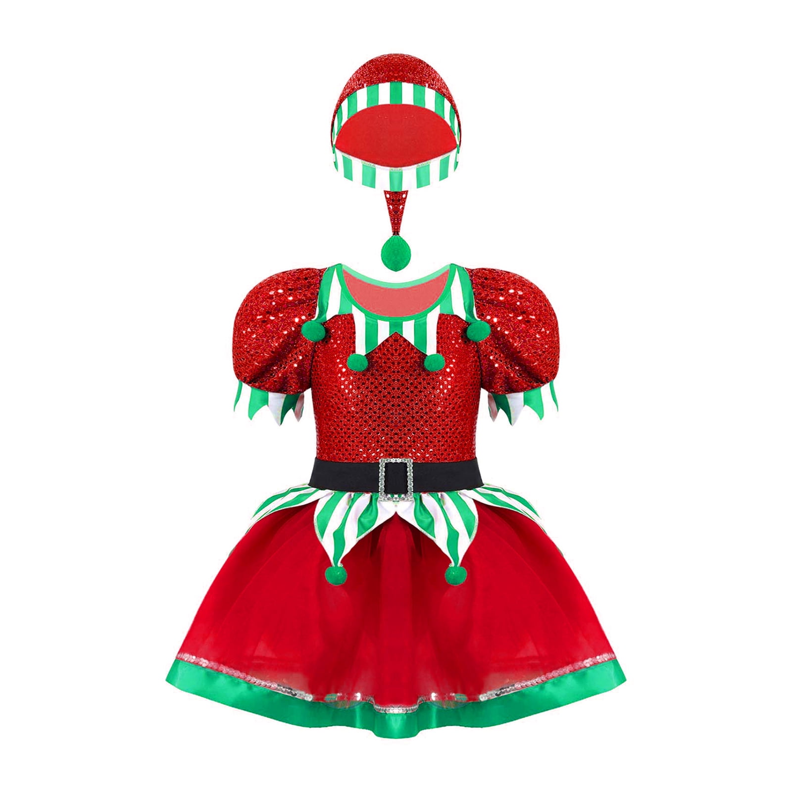YiZYiF Kids Girls Christmas Elf Costume Figure Ice Skating Ballet Dance Tutu Dress with Hat Dancewear Red-A 16