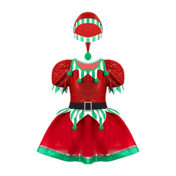 YiZYiF Kids Girls Christmas Elf Costume Figure Ice Skating Ballet Dance Tutu Dress with Hat Dancewear Red-A 2