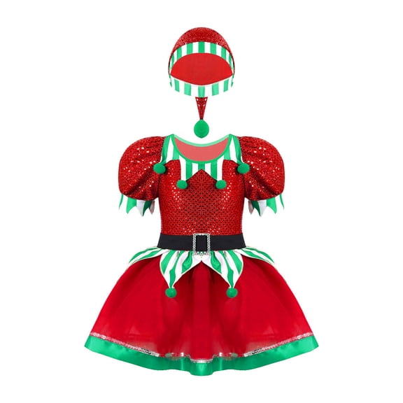 YiZYiF Kids Girls Christmas Elf Costume Figure Ice Skating Ballet Dance Tutu Dress with Hat Dancewear Red-A 2