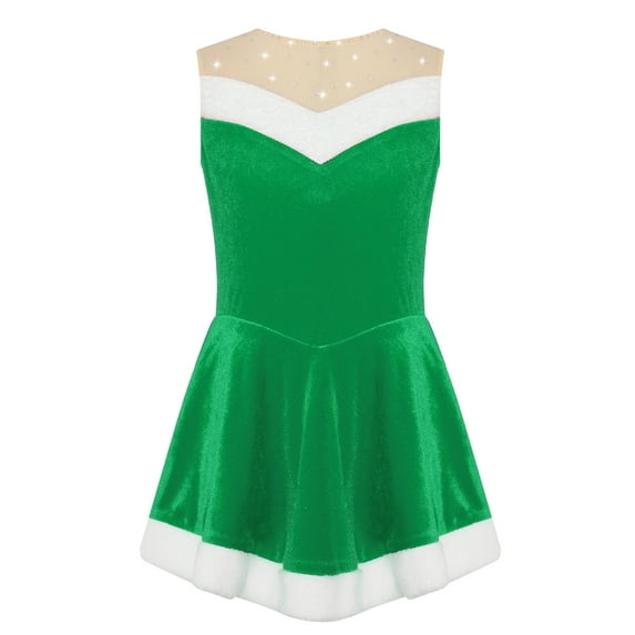 YiZYiF Kids Girls Christmas Figure Skating Ballet Dress Sleeveless Velvet Bodysuit Leotard with Hat Santa Costume Green 16