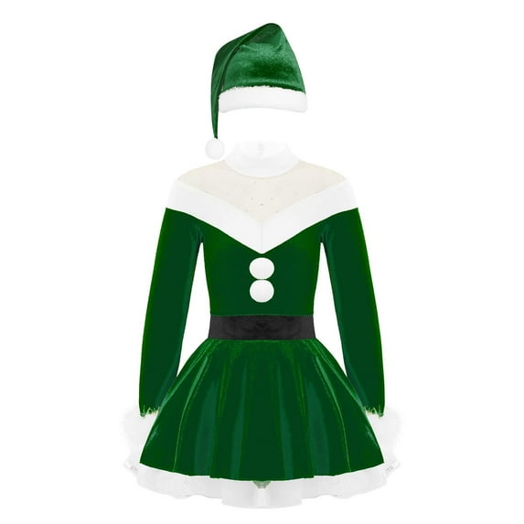 YiZYiF Kids Girls Christmas Santa Costume Velvet Faux Fur Long Sleeve Dance Figure Ice Skating Dress Green 14