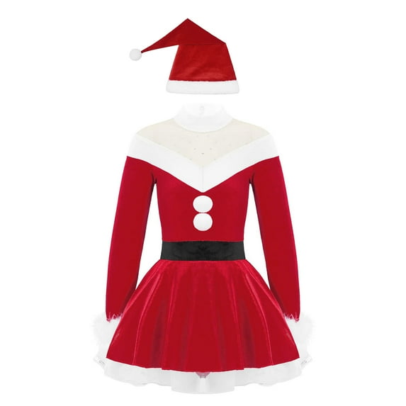 YiZYiF Kids Girls Christmas Santa Costume Velvet Faux Fur Long Sleeve Dance Figure Ice Skating Dress Red 14