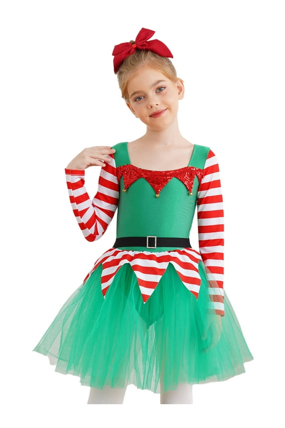 Kids Girls Christmas Santa Elf Dance Dress Candy Cane Stripes Bodysuit Tutu Skirt Figure Skating Dress Green 4