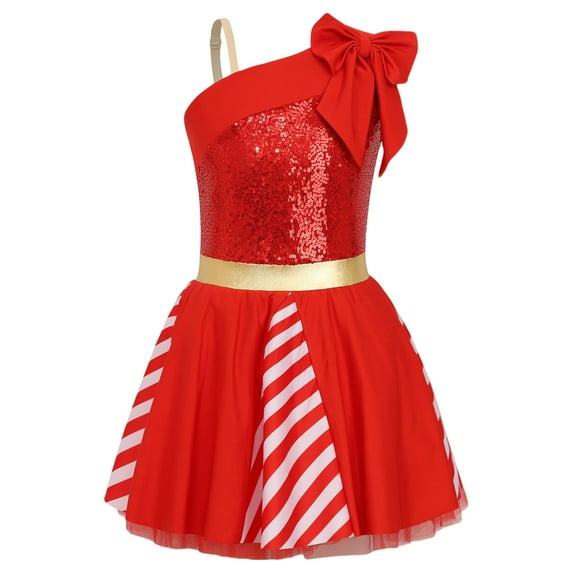 YiZYiF Kids Girls Christmas Sequins Striped Dance Tutu Dress for Figure Skating Festival Party Shows Red 10