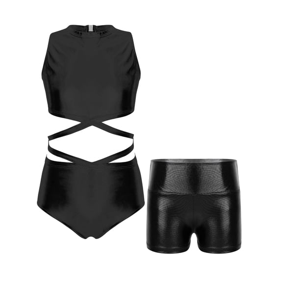 YiZYiF Kids Girls Crisscross Cutout Ballet Dance Unitard with Shorts Set Athletic Gym Suit Ballerina Costume Black 4