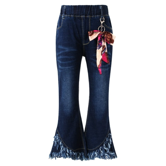 YiZYiF Kids Girls Denim Flared Jeans Pants Bowknot Decor Tassel Hem Bell-bottom Long Pants Blue 9-10