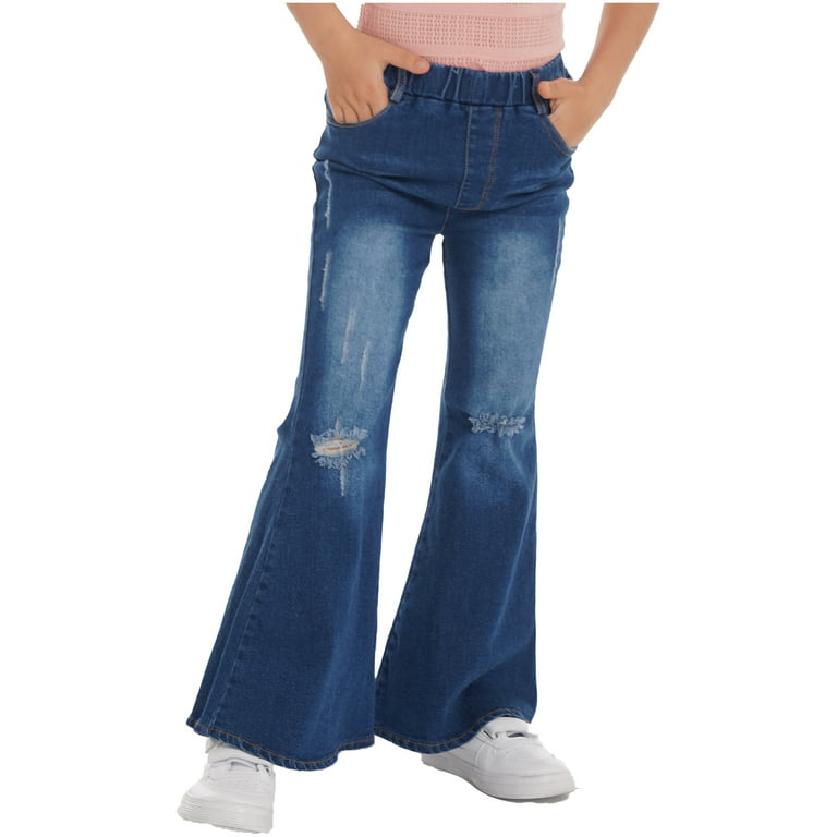 YiZYiF Kids Girls Distressed Jeans Ripped Bell Bottoms Denim Flare  Pants,Sizes 6-16
