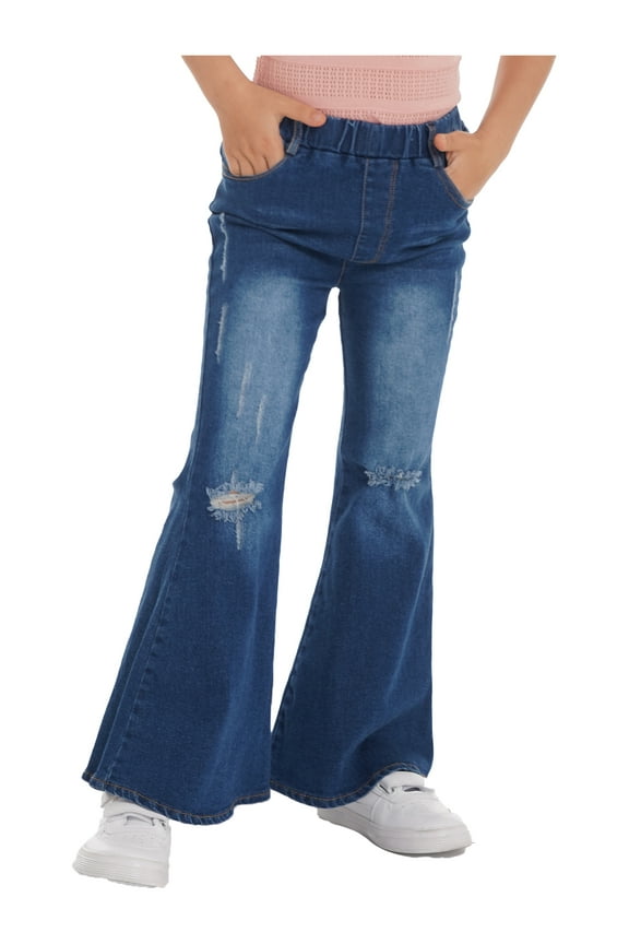 Kids Girls Distressed Jeans Ripped Bell Bottoms Denim Flare Pants,Sizes 6-16