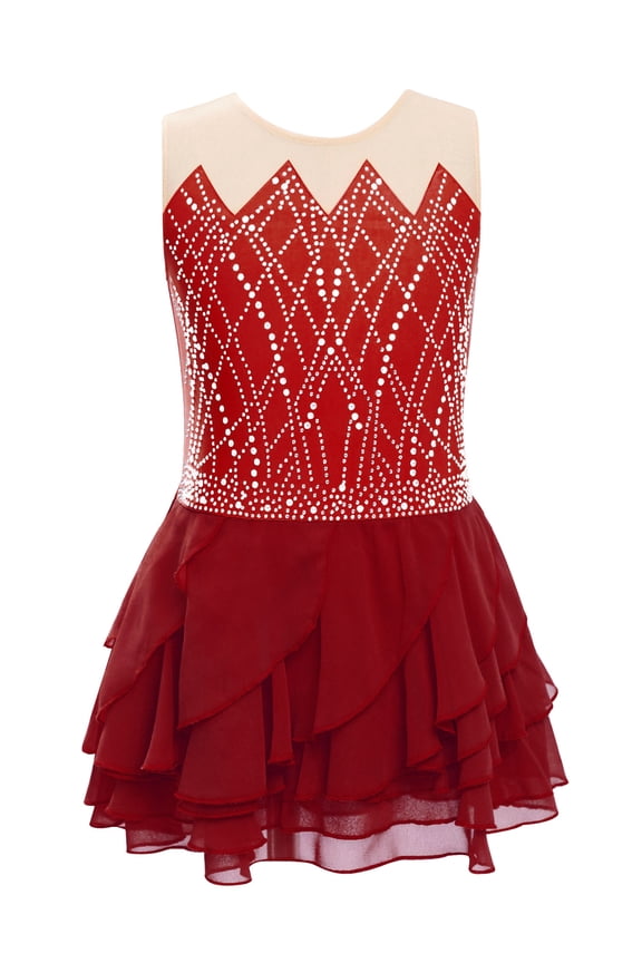 Kids Girls Figure Ice Skating Dance Dress Sleeveless Rhinestones Ballet Gymnastics Leotards Burgundy 4