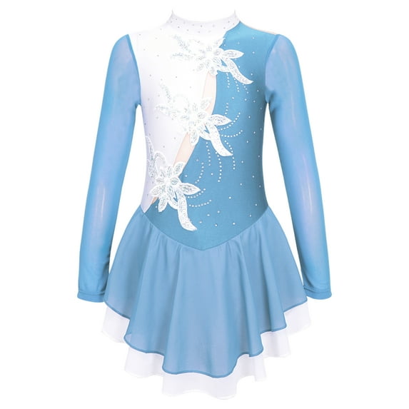 YiZYiF Kids Girls Figure Ice Skating Dress Ballet Dance Gymnastic Tutu Skirted Leotard Costume Light Blue 16