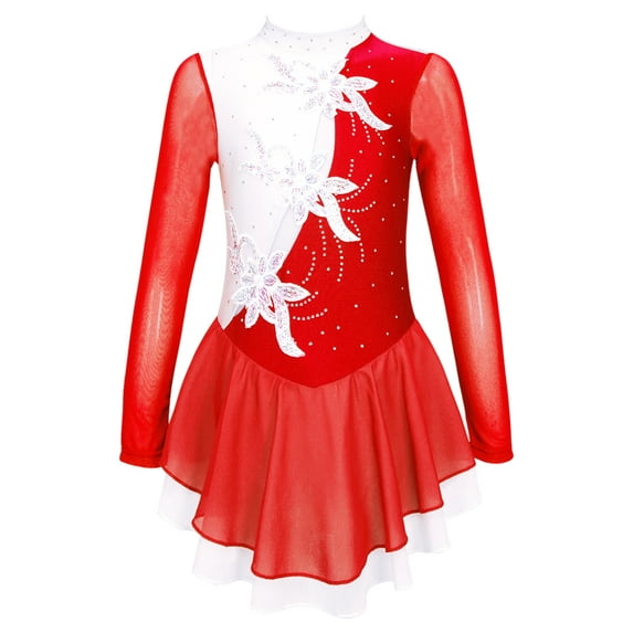 YiZYiF Kids Girls Figure Ice Skating Dress Ballet Dance Gymnastic Tutu Skirted Leotard Costume Red 8