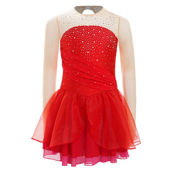 YiZYiF Kids Girls Figure Ice Skating Dress Rhinestones Splice Mesh Long Sleeve Tutu Skirt Dance Leotard Red 14