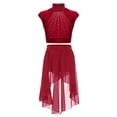 thumbnail image 1 of YiZYiF Kids Girls Figure Skating Dance Gymnastics Outfit Cutout Crop Top with High-Low Hem Chiffon Skirt Burgundy 16, 1 of 7
