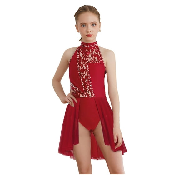 YiZYiF Kids Girls Floral Lace Rhinestones Lyrical Dance Leotard with Skirt Figure Skating Dress Burgundy 14