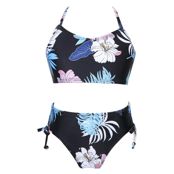 YiZYiF Kids Girls Floral Printed Bathing Suit Sleeveless Tops and Bottoms with Adjustable Strap Swimsuit Tropical Black 10