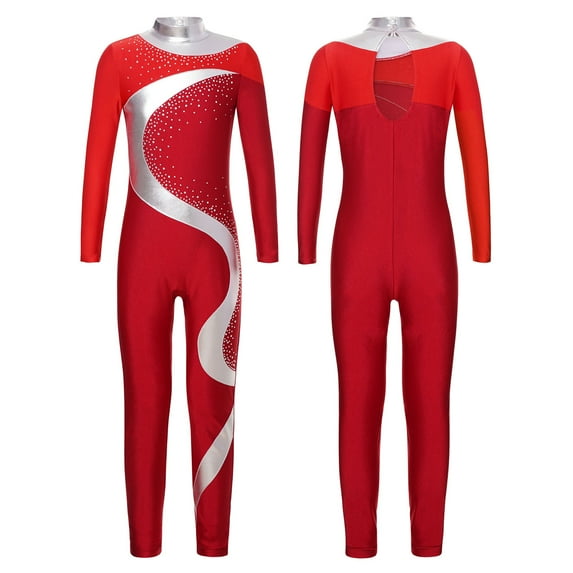 YiZYiF Kids Girls Full Body Gymnastics Leotard One Piece Ballet Dance Unitard Ice Skating Jumpsuit Red&Burgundy 14