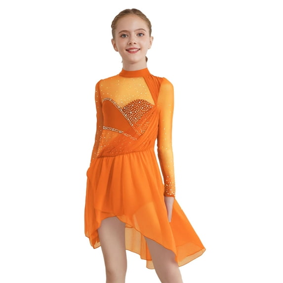 YiZYiF Kids Girls Glittery Modern Lyrical Dance Dress Irregular Sheer Mesh Skirt Ice Skating Dresses Orange 12