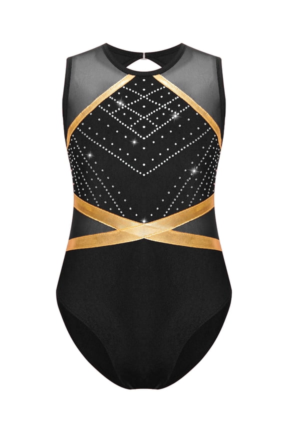 Kids Girls Glittery Rhinestone Gymnastics Leotard Keyhole Back Mesh Sleeveless Dance Bodysuit Black 8