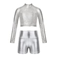 thumbnail image 1 of YiZYiF Kids Girls Glossy Metallic Jazz Hip Hop Dance Outfit Long Sleeve Sequins Crop Top with Dance Shorts Activewear Silver 8, 1 of 5