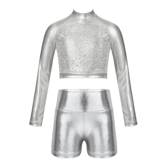 YiZYiF Kids Girls Glossy Metallic Jazz Hip Hop Dance Outfit Long Sleeve Sequins Crop Top with Dance Shorts Activewear Silver 8