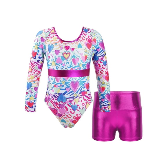 YiZYiF Kids Girls Gymnastics Leotard and Shorts Outfit Long Sleeve Cartoon Prints Dancewear