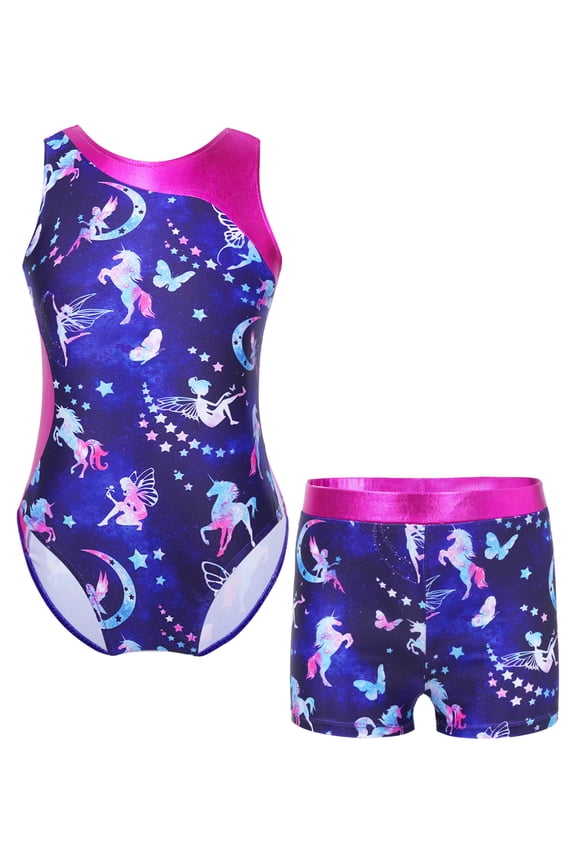 Kids Girls Gymnastics Yoga Dance Sports Set Fancy Prints Leotard and Shorts Dancewear Outfit Navy Blue 14