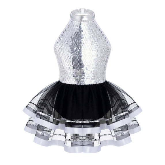 YiZYiF Kids Girls Halter Sequins Ballet Tutu Dress Latin Modern Dance Costume Gymnastics Leotard Silver 12