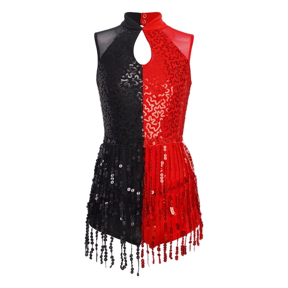 YiZYiF Kids Girls Jazz Latin Dance Dress Sequins Tassels Dancewear Figure Skating Gymnastics Leotard Red 6
