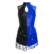 YiZYiF Kids Girls Jazz Latin Dance Dress Sequins Tassels Dancewear Figure Skating Gymnastics Leotard Royal Blue 12