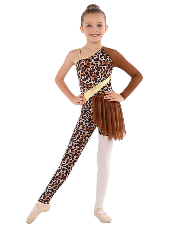 Kids Girls Leopard Print Gymnastics Dance Jumpsuit Outfit Patchwork Cavegirl Outfits Brown 6