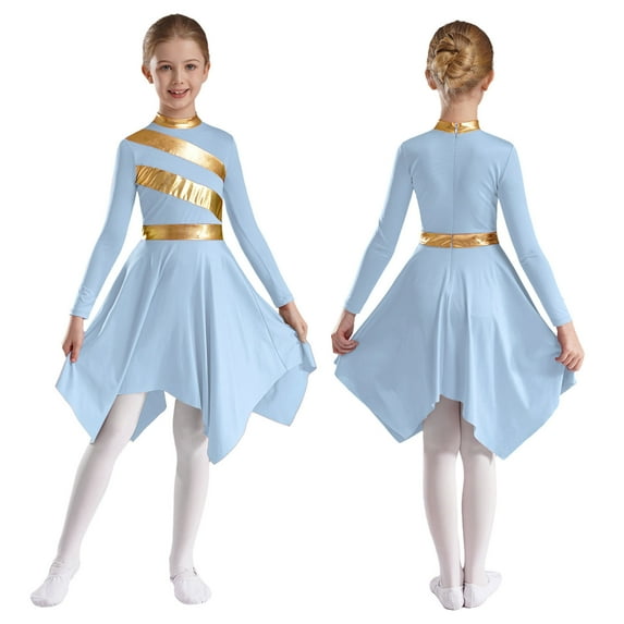 YiZYiF Kids Girls Liturgical Praise Dance Dress Church Long Sleeve Metallic Block Worship Tunic Light Blue 6