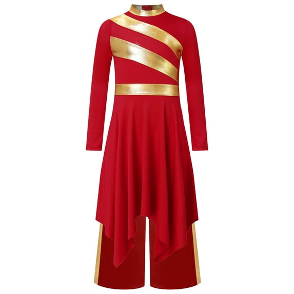 YiZYiF Kids Girls Long Sleeve Metallic Lyrical Praise Dance Dress Tunic Worship Gown with Wide Leg Pants Red 6