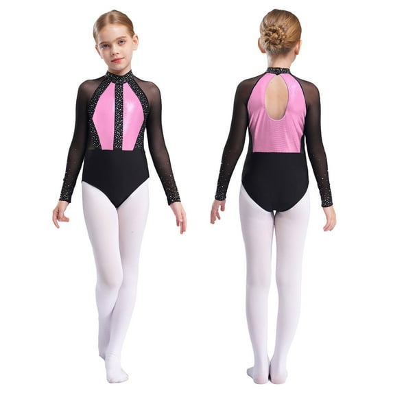 YiZYiF Kids Girls Long Sleeve Metallic Shiny Ballet Dance Leotard Gymnastics Figure Skating Bodysuit Pink 10