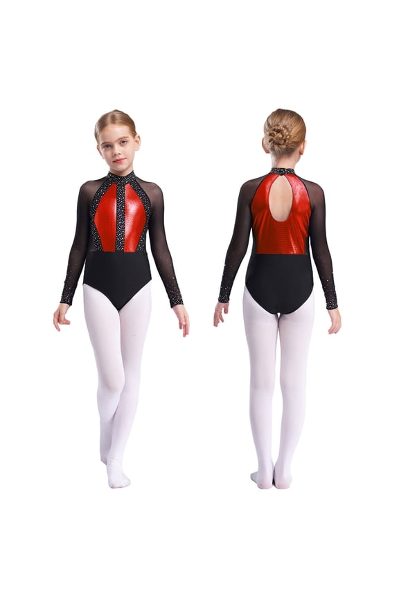 Kids Girls Long Sleeve Metallic Shiny Ballet Dance Leotard Gymnastics Figure Skating Bodysuit Red 6