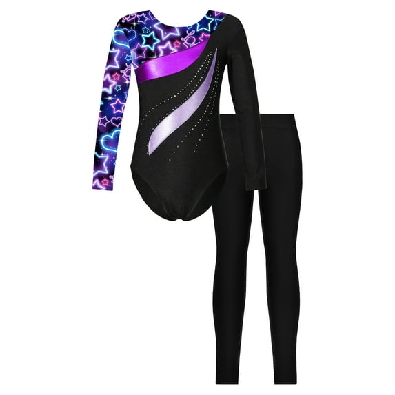 YiZYiF Kids Girls Long Sleeve Rhinestone Ballet Leotard with Leggings Suit Outfit Gymnastic Yoga Suit Dancewear Neon Starry 14