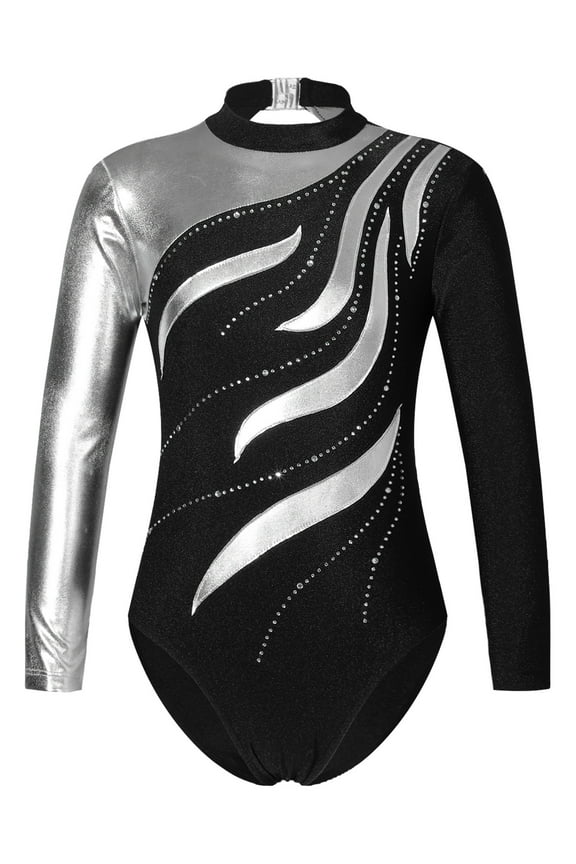 Kids Girls Long Sleeve Shiny Rhinestones Gymnastics Leotard Cutout Back Dance Performance Bodysuit Black 6
