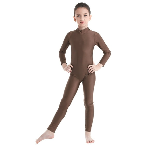 YiZYiF Kids Girls Long Sleeves Ballet Dance Gymnastics Leotard Zippered Jumpsuit Dancewear Brown 11-12