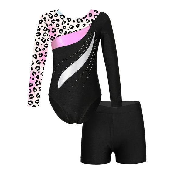 YiZYiF Kids Girls Long Sleeves Gymnastics Leotard with Athletic Shorts Dance Suit Colorful Activewear Leopard 14