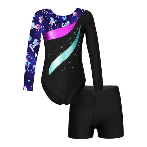 YiZYiF Kids Girls Long Sleeves Gymnastics Leotard with Athletic Shorts Dance Suit Colorful Activewear Navy Blue 12