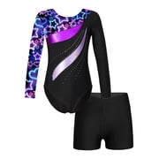 YiZYiF Kids Girls Long Sleeves Gymnastics Leotard with Athletic Shorts Dance Suit Colorful Activewear Starry Black 6
