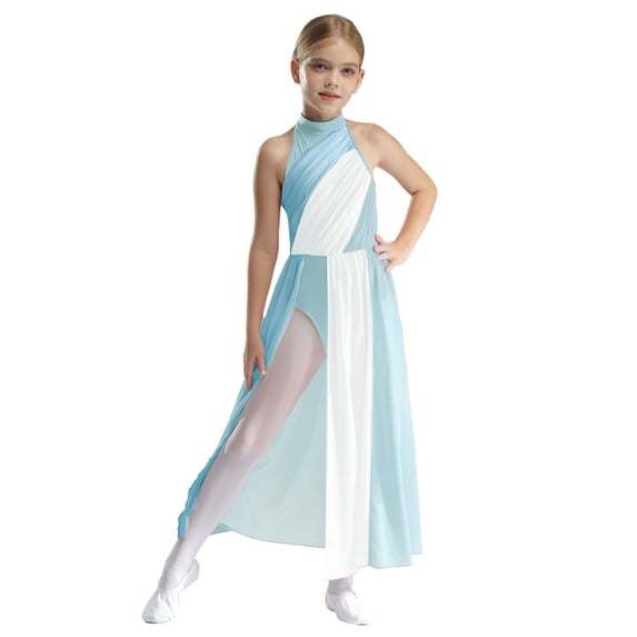 YiZYiF Kids Girls Lyrical Dance Costumes Sleeveless Chiffon Modern Contemporary Dress Leotard Light Blue 14