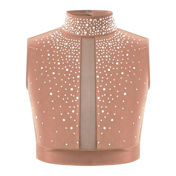 YiZYiF Kids Girls Lyrical Dance Crop Top Mock Neck Sleeveless Rhinestones Dancing Vests Tank Tops Dusty Pink 10
