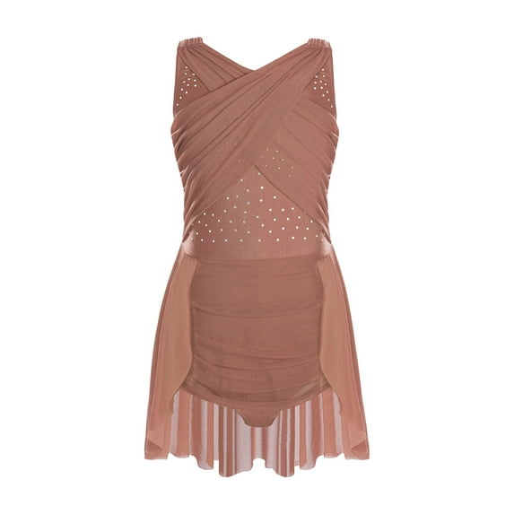 YiZYiF Kids Girls Lyrical Dance Dress Sleeveless Cutouts Strappy Back Figure Skating Ballet Leotard Dusty Pink 10