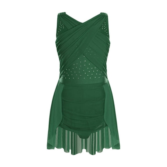 YiZYiF Kids Girls Lyrical Dance Dress Sleeveless Cutouts Strappy Back Figure Skating Ballet Leotard Green 6
