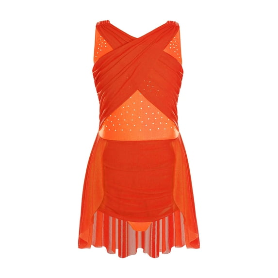 YiZYiF Kids Girls Lyrical Dance Dress Sleeveless Cutouts Strappy Back Figure Skating Ballet Leotard Orange 12
