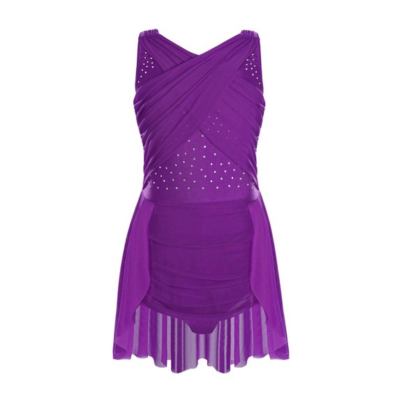 YiZYiF Kids Girls Lyrical Dance Dress Sleeveless Cutouts Strappy Back Figure Skating Ballet Leotard Purple 16
