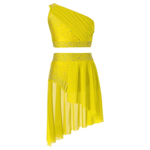 YiZYiF Kids Girls Lyrical Dance Performance Outfit Mesh One Shoulder Crop Top with Skirted Briefs Modern Dancewear Yellow 16