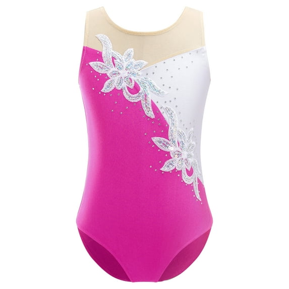 YiZYiF Kids Girls Mesh Patchwork Ballet Dance Leotard Gymnastic Bodysuit Rose 14