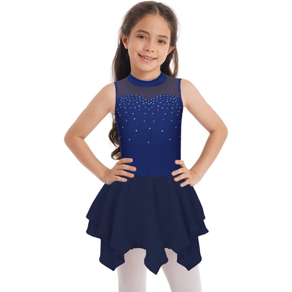YiZYiF Kids Girls Shiny Rhinestones Sleeveless Figure Ice Skating Leotard Dress,Sizes 6-16 Navy Blue 6