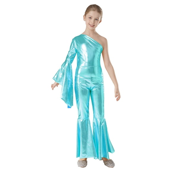 YiZYiF Kids Girls Metallic Bell Bottoms Jumpsuit One Shoulder Flare Sleeve Dance Bodysuit Party Disco Costume Blue 6